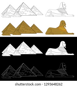 Pyramids and Sphinx. African ethnic style in black, white and color illustration. Vector.