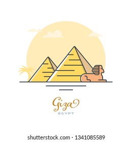 Pyramids and Sphinx at Giza, Egypt, flat vector illustration. Tourism and travel icon.