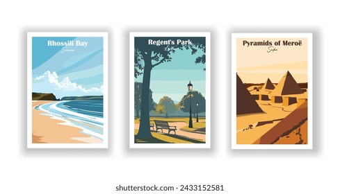 Pyramiden von Meroë, Sudan. Regent's Park, London. Rhossili Bay, Swansea - Set mit 3 Vintage Reiseplakaten. Vektorgrafik. Qualitativ hochwertige Ausdrucke