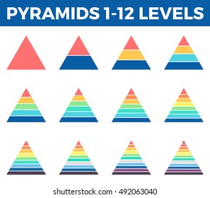 Pyramids, triangles for infographics with 1, 2, 3, 4, 5, 6, 7, 8, 9, 10, 11, 12 steps, levels. Vector design elements.
