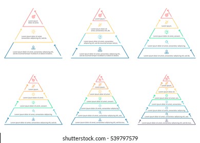 Pyramids, triangles for infographics. Infographic elements with 3, 4, 5, 6, 7, 8 steps, levels. Outline vector templates.