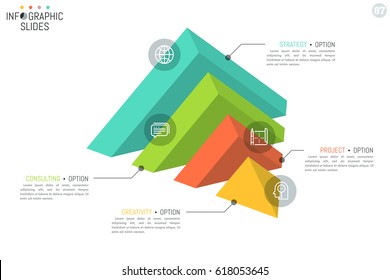 Pyramid-shaped diagram divided into 4 pieces, thin line pictograms and text boxes. Minimal infographic design template. Vector illustration for website, banner, presentation, report, brochure.