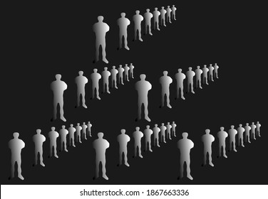 A Pyramid-shaped Group Of Glowing Silhouettes Of People Emerging From The Darkness. Illustration For Banners, Logos And Presentations In Various Areas Of Business And Management.