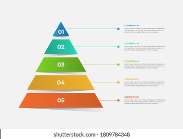 A pyramid-shaped modern timeline infographic template divided into five parts. Vector business template for presentations. Suitable for brochures, workflows, annual reports, charts, layouts