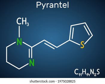 Pyrantel molecule. It is pyrimidine derivative anthelmintic antinematodal drug for treatment of intestinal nematodes such as pinworms and roundworms. Dark blue background Vector illustration