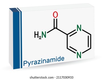 Pyrazinamide, molecule. It is antituberculosis agent used as a component of tuberculosis (TB) treatment. Skeletal chemical formula. Paper packaging for drugs. Vector illustration