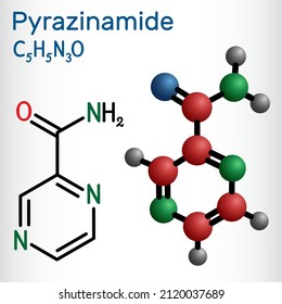 Pyrazinamide, molecule. It is antituberculosis agent used as a component of tuberculosis (TB) treatment. Structural chemical formula and molecule model. Vector illustration
