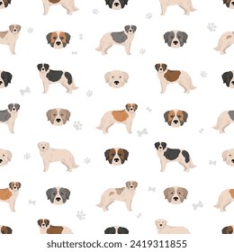 Pyrenean mastiff seamless pattern. Different poses, coat colors set.  Vector illustration