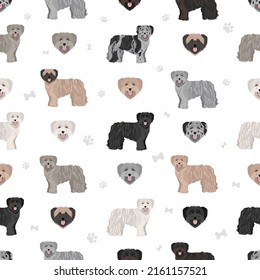 Pyrenean sheepdog, longhaired seamless pattern. Different poses, coat colors set.  Vector illustration