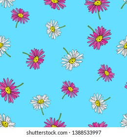 Pyrethrum daisy seamless pattern on blue background. Hand drawn vector illustration