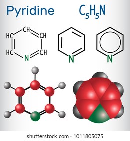 Pyridine molecule, is a basic heterocyclic organic compound. Structural chemical formula and molecule model. Vector illustration