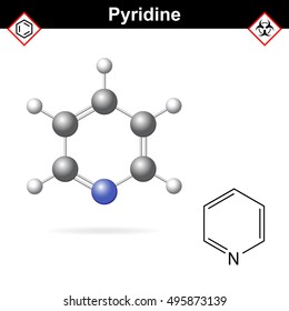 Pyridine organic solvent molecular structure, 2d and 3d vector illustration, isolated on white background, eps 10
