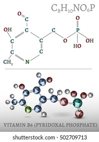 Pyridoxal phosphate. The active form of vitamin B6. Vector illustration in volumetric metallic style on a light grey background. 