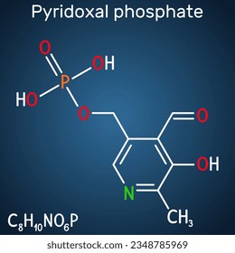 Pyridoxal phosphate, PLP molecule. It is active form of vitamin B6 and coenzyme. Structural chemical formula on the dark blue background. Vector illustration