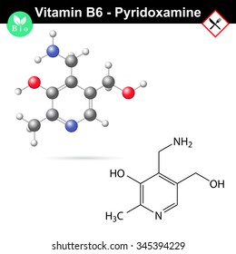 Pyridoxamine chemical formula and model, vitamin b6 group, 2d and 3d vector, eps 8