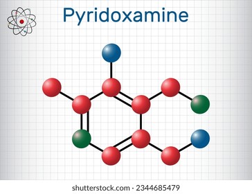 Pyridoxamine molecule. It is form of vitamin B6. Molecule model. Sheet of paper in a cage. Vector illustration