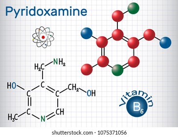 Pyridoxamine molecule, is a vitamin B6. Structural chemical formula and molecule model. Sheet of paper in a cage. Vector illustration