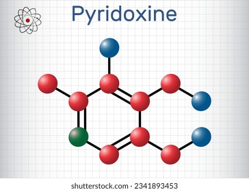 Pyridoxine molecule. It is form of vitamin B6. Molecule model. Sheet of paper in a cage. Vector illustration