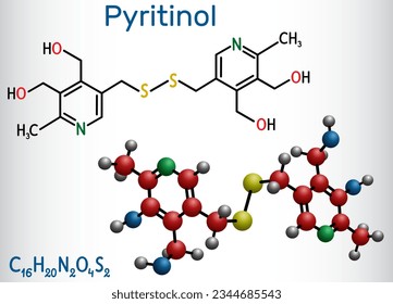 Pyritinol molecule, pyridoxine disulfide, cognitive drug. Сomponent of nootropic dietary supplements. Structural chemical formula, molecule model. Vector illustration