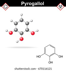 Pyrogallol -  trihydric phenol molecular structure, 2d and 3d chemical structure illustration, isolated on white background, vector, eps 10