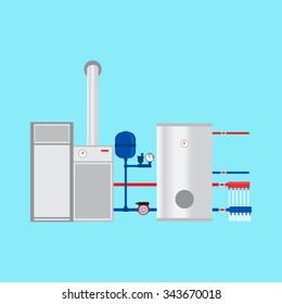 Pyrolysis boiler in the cottage. Vector.