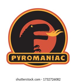 Pyromania sign. Dinosaur cartoon, vector illustration