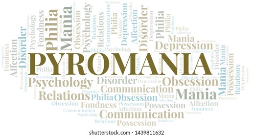 Pyromania word cloud. Type of mania, made with text only.