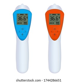 The pyrometer is non-contact used to measure the temperature of distant objects. The thermometer is infrared. Stock vector illustration on white isolated background.
