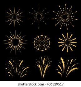 Pyrotechnic line icons. Fireworks and celebration Retro Sun burst shapes. Vintage starburst logo, labels, badges. Vector design elements isolated.