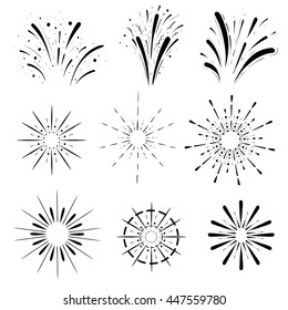 Pyrotechnic line icons. Fireworks and celebration Retro Sun burst shapes. Vintage starburst logo, labels, badges. Vector design elements isolated.
