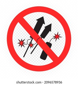 Pyrotechnic objects is prohibited sign symbol sticker isolated on transparent background. No fireworks icon label template