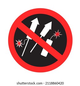 Pyrotechnic objects is prohibited sign symbol dark sticker isolated on transparent background. No fireworks icon label template