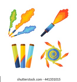 Pyrotechnic rockets vector illustration pyrotechnics and firework fountain, roman candle, beautiful rocket