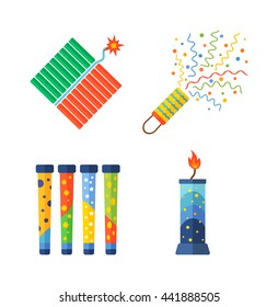 Pyrotechnic rockets vector illustration pyrotechnics and firework fountain, roman candle, beautiful rocket