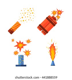 Pyrotechnic rockets vector illustration pyrotechnics and firework fountain, roman candle, beautiful rocket