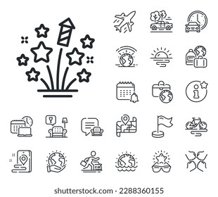 Pyrotechnic salute sign. Plane jet, travel map and baggage claim outline icons. Fireworks stars line icon. Carnival celebration lights symbol. Fireworks stars line sign. Vector
