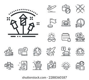 Pyrotechnic salute sign. Plane jet, travel map and baggage claim outline icons. Fireworks rocket line icon. Carnival celebration lights symbol. Fireworks rocket line sign. Vector
