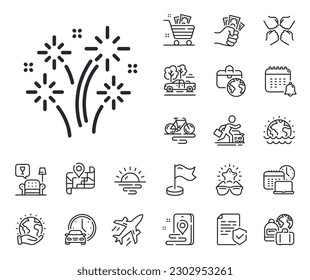 Pyrotechnic salute sign. Plane jet, travel map and baggage claim outline icons. Fireworks line icon. Carnival celebration lights symbol. Fireworks line sign. Car rental, taxi transport icon. Vector