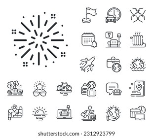 Pyrotechnic salute sign. Plane jet, travel map and baggage claim outline icons. Fireworks explosion line icon. Carnival celebration lights symbol. Fireworks explosion line sign. Vector