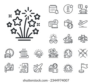 Pyrotechnic salute sign. Plane jet, travel map and baggage claim outline icons. Fireworks stars line icon. Carnival celebration lights symbol. Fireworks stars line sign. Vector