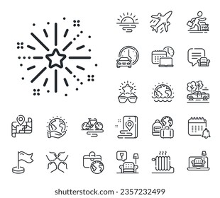 Pyrotechnic salute sign. Plane jet, travel map and baggage claim outline icons. Fireworks explosion line icon. Carnival celebration lights symbol. Fireworks explosion line sign. Vector