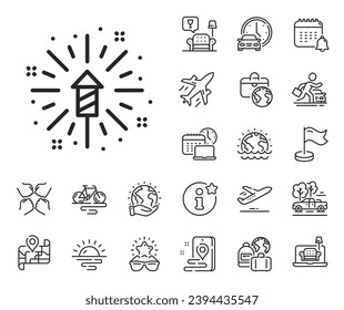 Pyrotechnic salute sign. Plane jet, travel map and baggage claim outline icons. Fireworks explosion line icon. Carnival celebration lights symbol. Fireworks explosion line sign. Vector