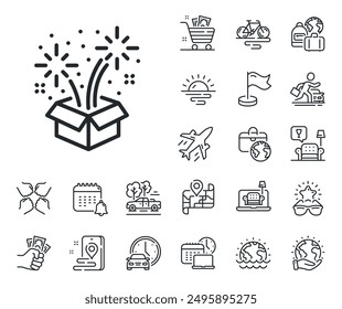 Pyrotechnic salute sign. Plane jet, travel map and baggage claim outline icons. Fireworks line icon. Carnival celebration lights symbol. Fireworks line sign. Car rental, taxi transport icon. Vector