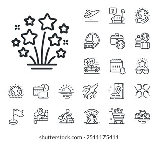 Sinal de saudação pirotécnica. Avião a jato, mapa de viagens e ícones dos contornos de reclamação de bagagem. Ícone de linha de estrelas do Fireworks. Símbolo das luzes de celebração do carnaval. Sinal de linha de estrelas do Fireworks. Vetor