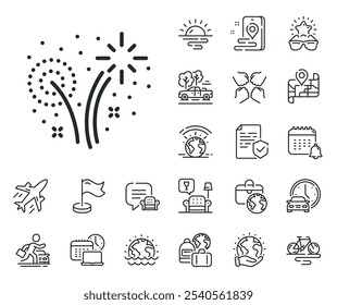 Sinal de saudação pirotécnica. Avião a jato, mapa de viagens e ícones dos contornos de reclamação de bagagem. Ícone de linha do Fireworks. Símbolo das luzes de celebração do carnaval. Sinal de linha do Fireworks. Aluguer de carros, ícone de transporte de táxi. Vetor