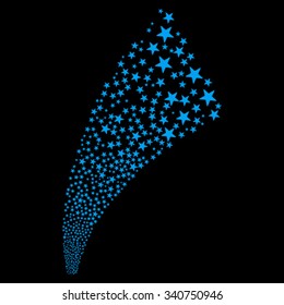 Pyrotechnic Star Fireworks Stream vector illustration. Style is blue flat stars, black background.
