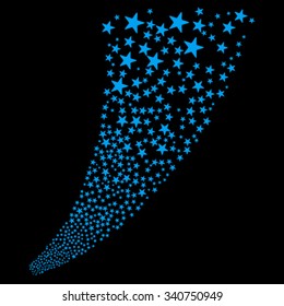 Pyrotechnic Star Fireworks Stream vector illustration. Style is blue flat stars, black background.
