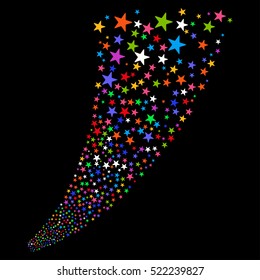 Pyrotechnic Star Fireworks Stream vector image. Style is bright multicolored flat stars, black background.