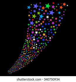Pyrotechnic Star Salute Stream vector illustration. Style is bright multicolored flat stars, black background.