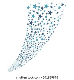Pyrotechnic Star Salute Stream vector illustration. Style is cyan and blue bicolor flat stars, white background.